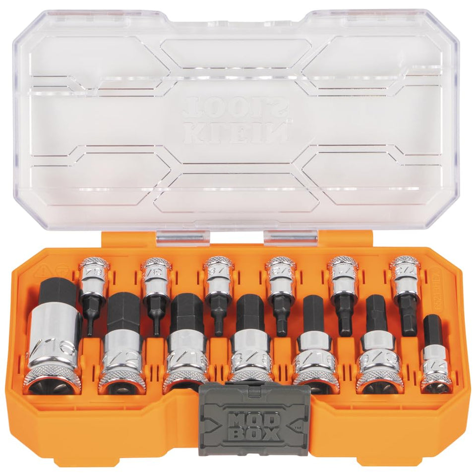 Klein Tools 65213HEX knurled hex socket set with case for stable hand-start grip.