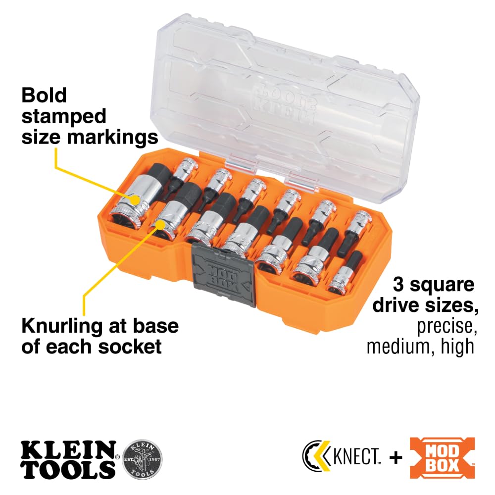 Klein Tools 65213HEX SAE sockets with engraved sizes for quick selection.