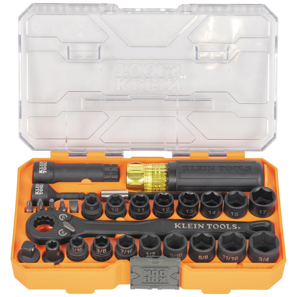 Klein Tools 65400KNECT pass-through sockets with slim ratchet for tight spaces.