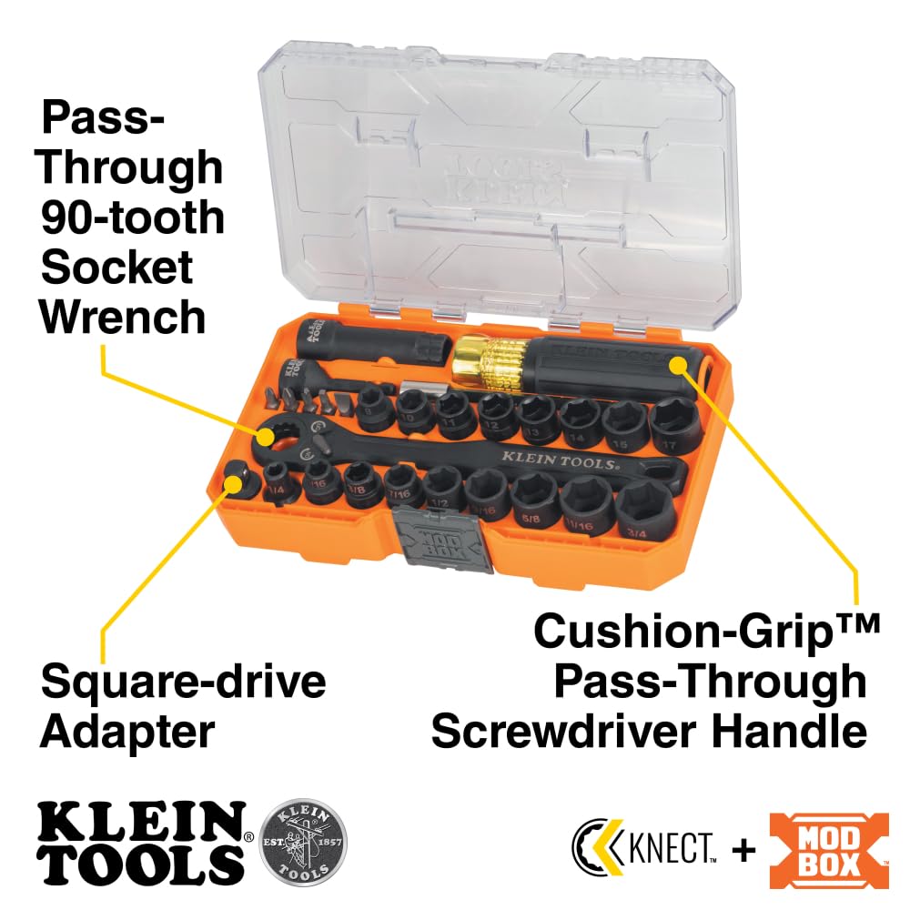 Klein Tools 65400KNECT set of 18 hex sockets SAE and metric for versatility.