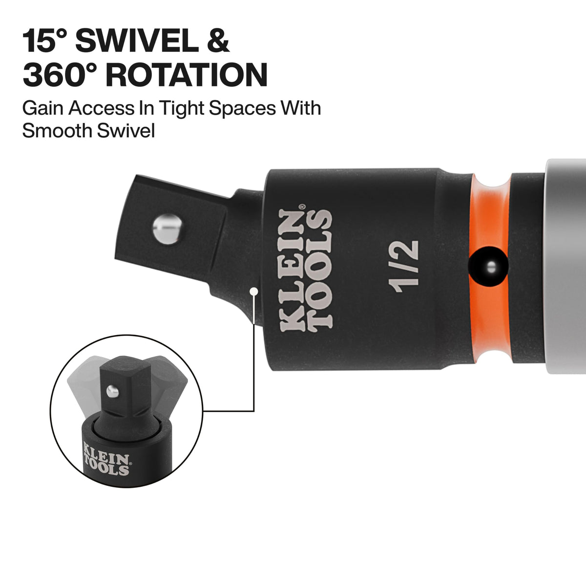 Klein Tools 65843SW 12-in square-drive swivel adapter supports precise alignment in restricted angles.
