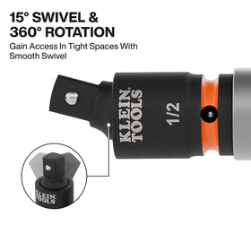 Klein Tools 65843SW 12-in square-drive swivel adapter supports precise alignment in restricted angles.