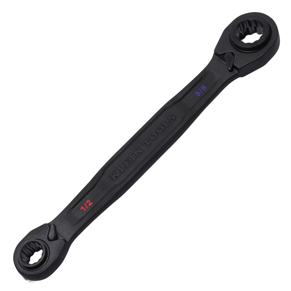 Klein Tools 68215 four-in-one ratchet wrench close-up with four SAE sizes