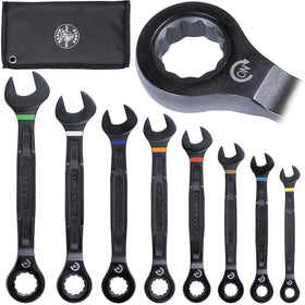 Klein Tools 69408G rolling pouch organizes eight wrenches for on-the-job storage.