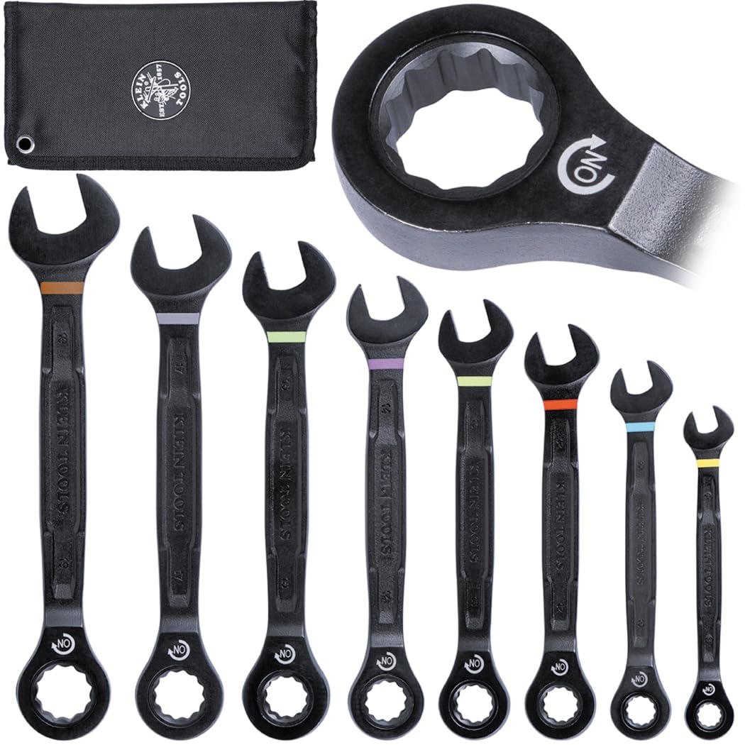 Klein Tools 69408MG ratcheting wrench set with metric sizes for quick adjustments.