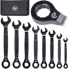Klein Tools 69408MG ratcheting wrench set with metric sizes for quick adjustments.