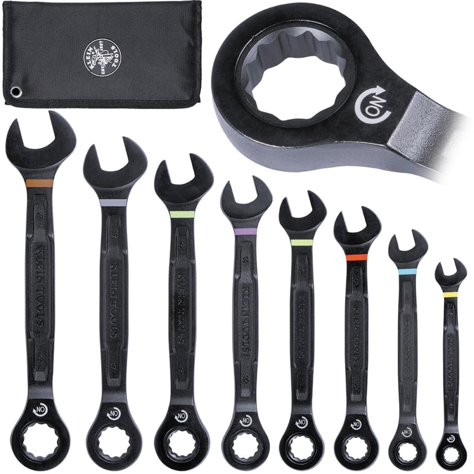 Klein Tools 69408MG ratcheting wrench set with metric sizes for quick adjustments.