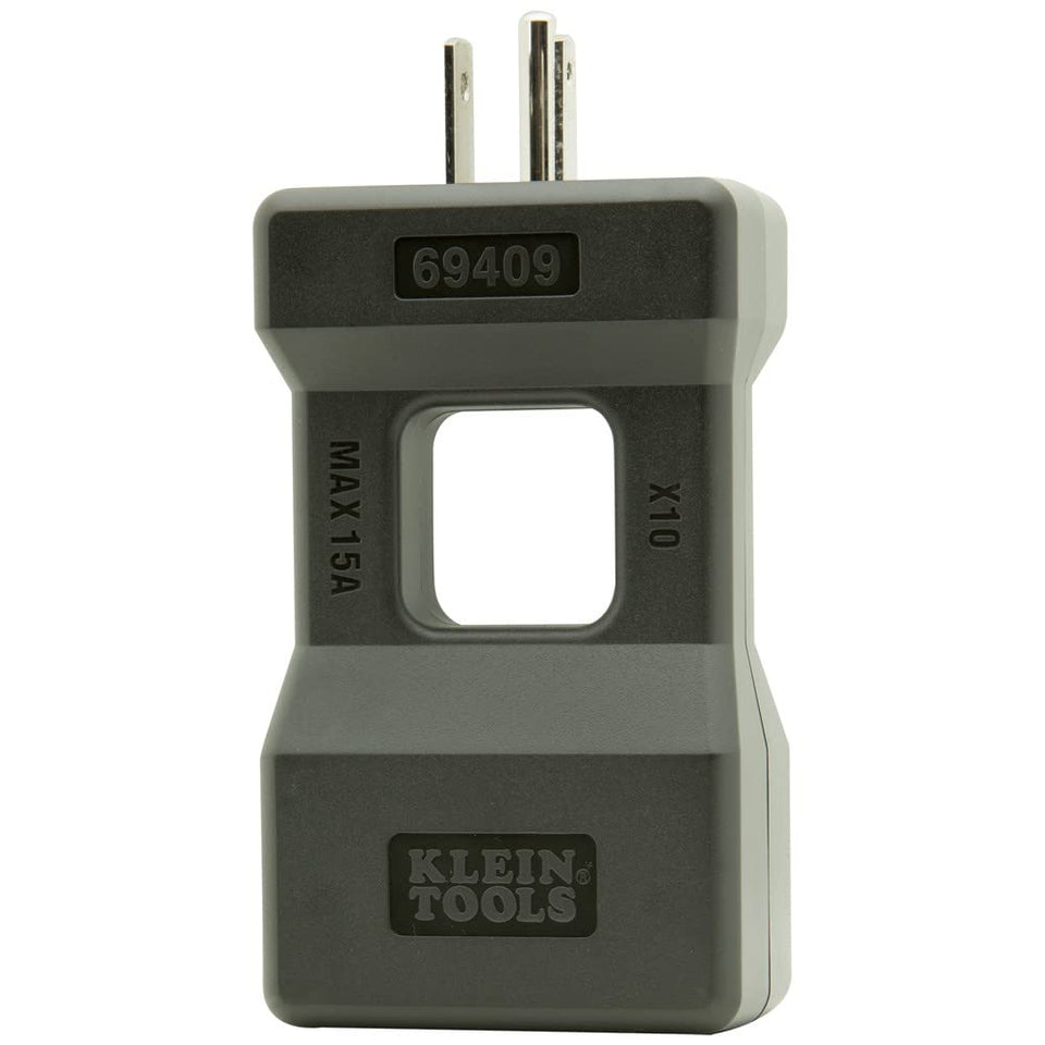 Klein Tools 69409 line splitter used for outlet setup with a clamp meter.
