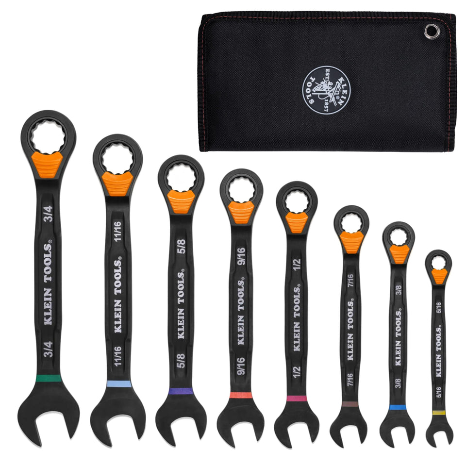 Klein Tools 69508 eight-piece SAE ratcheting wrench set for versatile fastener work
