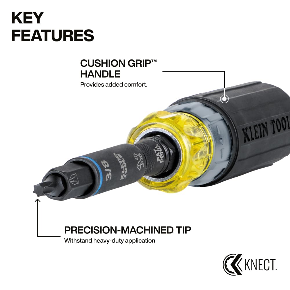 Klein Tools 7-in-1 stubby ratcheting driver with impact-ready tips.
