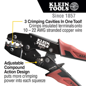 Klein Tools 80013 ratcheting crimper cavities for 22-16-12-10 AWG terminals