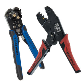 Klein Tools 80013 wire stripper and ratcheting crimper kit in action for precise insulation