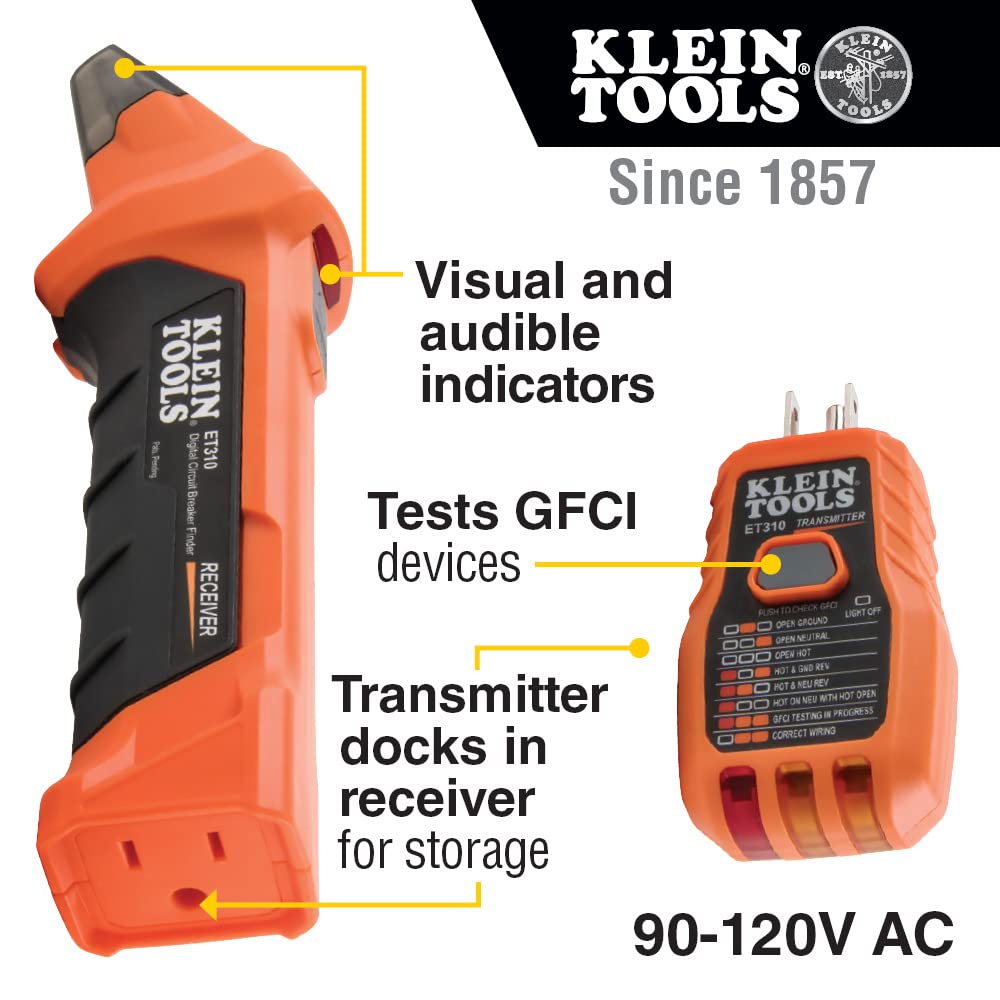 Klein Tools 80016 receiver scanning a breaker panel to identify the correct circuit
