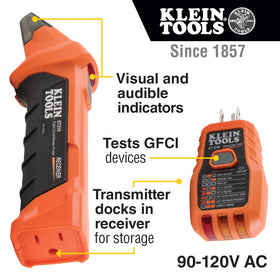 Klein Tools 80016 receiver scanning a breaker panel to identify the correct circuit