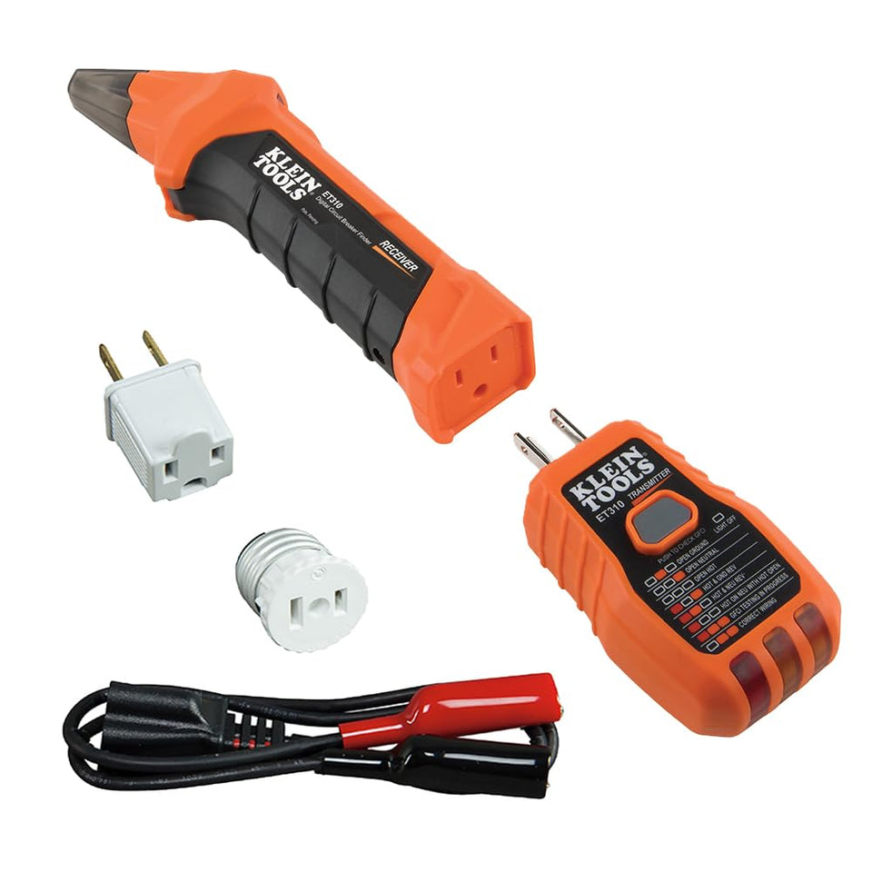 Klein Tools 80016 transmitter connected to outlet for circuit testing and identification