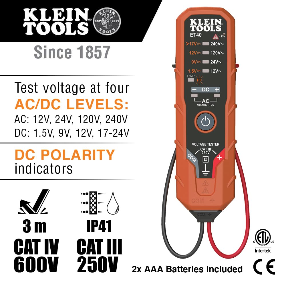 Klein Tools 80077 AC/DC tester display showing dual voltage readings