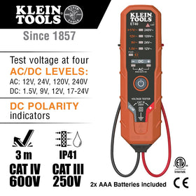 Klein Tools 80077 AC/DC tester display showing dual voltage readings