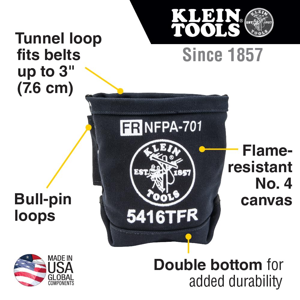 Klein Tools 80081 flame-resistant canvas bolt bag ready for NFPA-701 protection