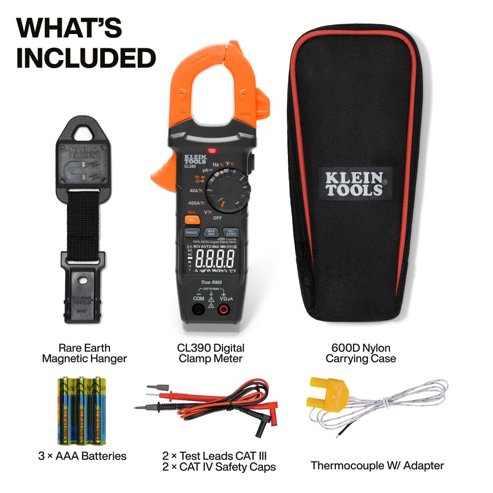 Klein Tools 80197 clamp meter display provides clear TRMS readings.