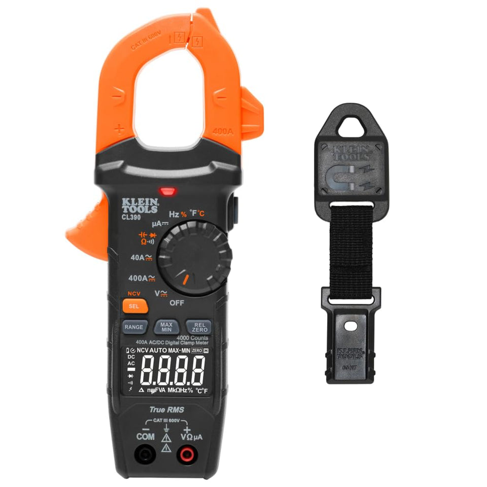 Klein Tools 80197 magnetic hanger enables hands-free testing on metal surfaces.