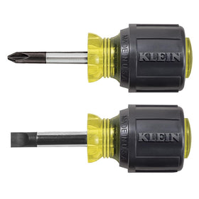 Klein Tools 85071 stubby screwdrivers in hand for tight-space work.