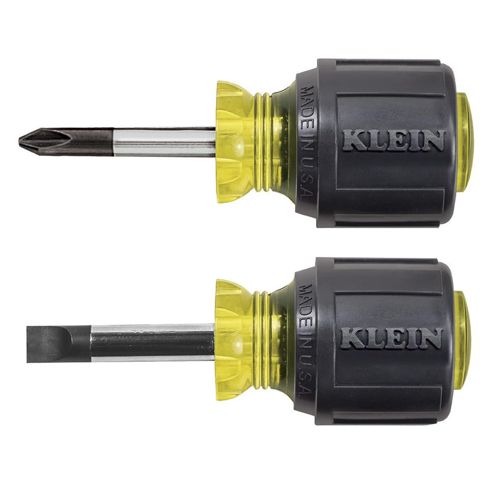 Klein Tools 85071 stubby screwdrivers in hand for tight-space work.