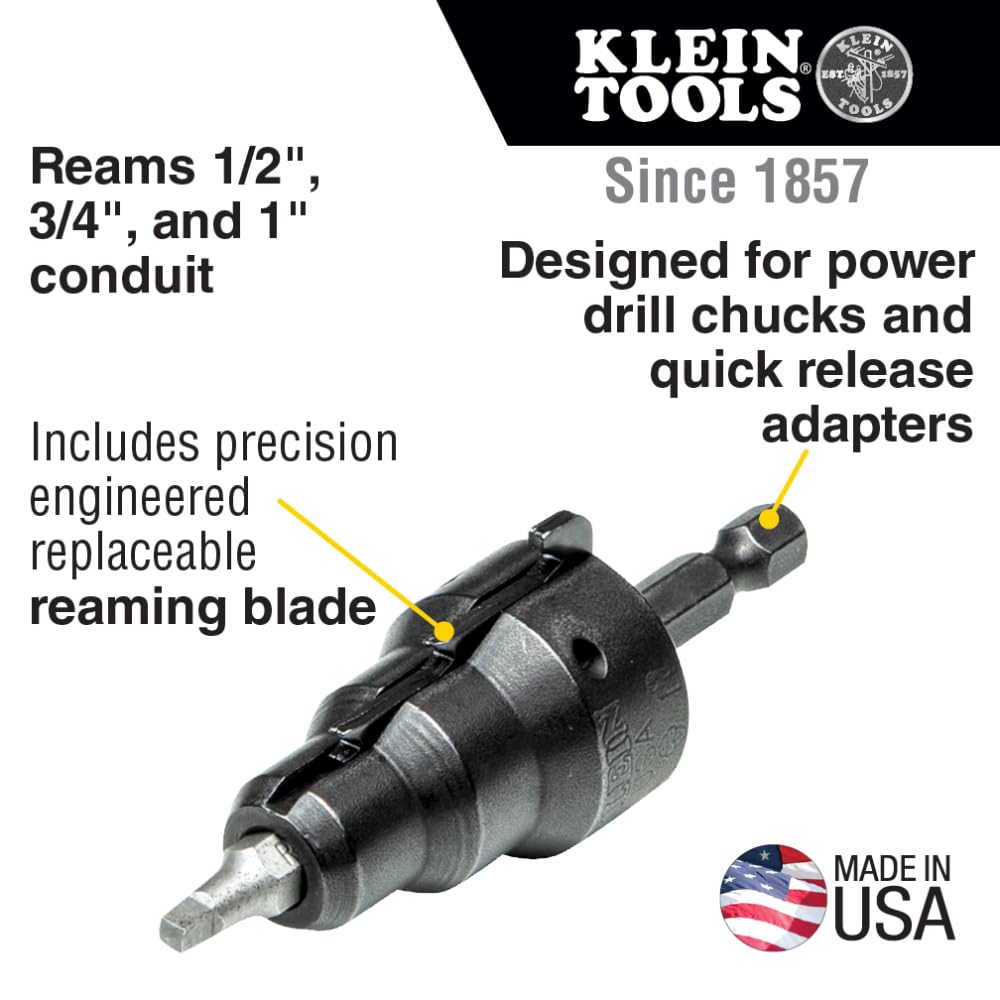 Klein Tools 85091 reamer demonstrates 1/2 inch conduit fitting capability