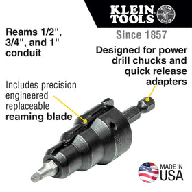 Klein Tools 85091 reamer demonstrates 1/2 inch conduit fitting capability