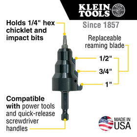 Klein Tools 85091 reamer demonstrates 3/4 inch conduit compatibility