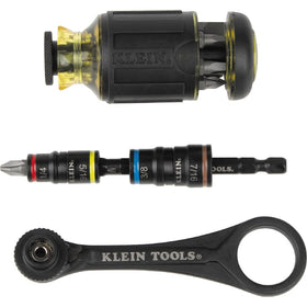 Klein Tools 85515HD mini ratchet in use for tight-space fastening, showcasing 5-degree sweep.