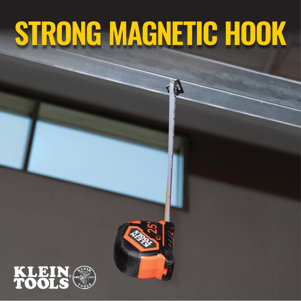 Magnetic double hook on Klein Tools 9225 secures to studs for quick measuring.