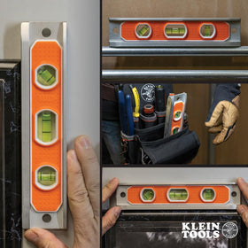 Klein Tools 935R level rare-earth magnets secure to metal surfaces.
