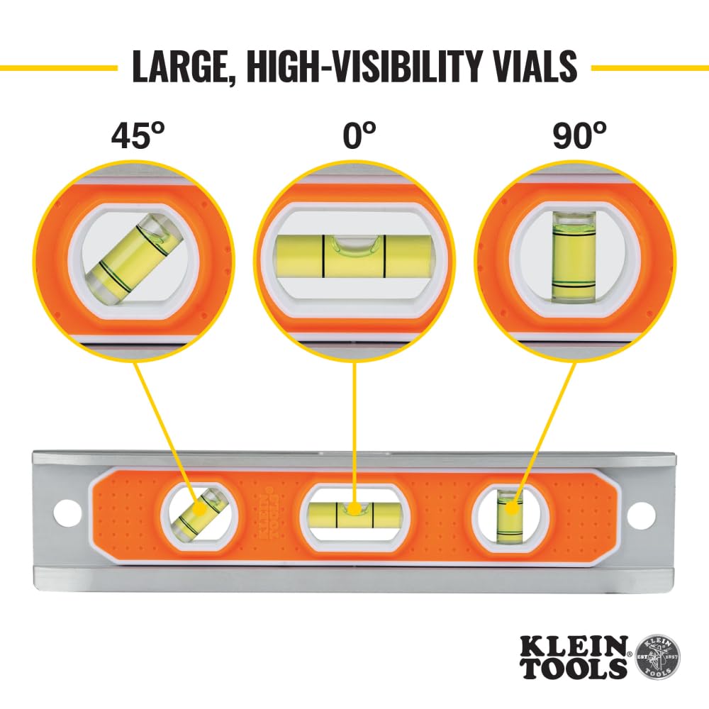 Klein Tools 935R level with three large vials at 0/45/90 degrees.