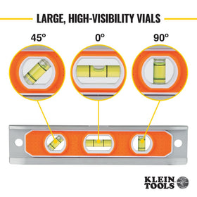 Klein Tools 935R level with three large vials at 0/45/90 degrees.