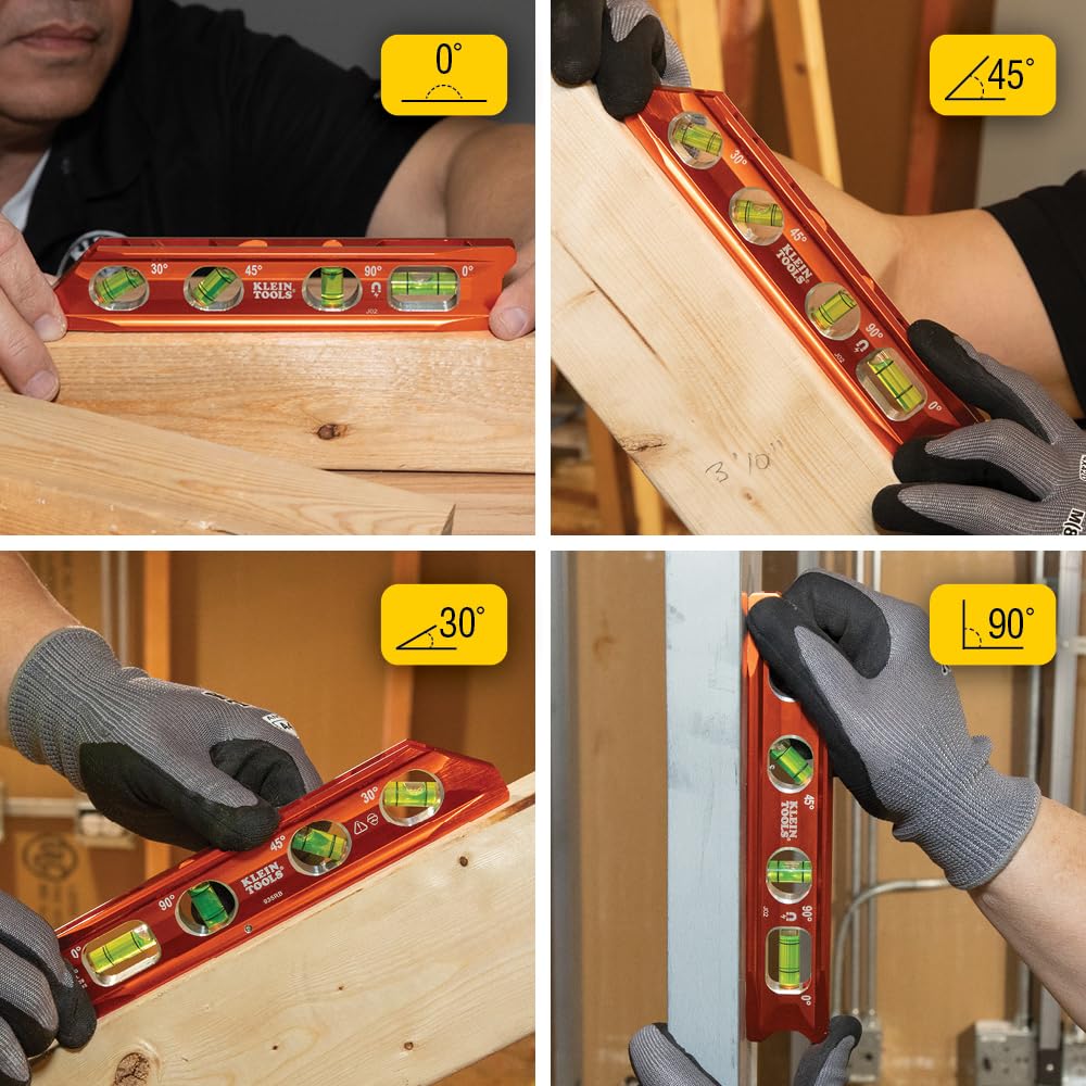 Klein Tools 935RB torpedo level billet aluminum construction for durability.