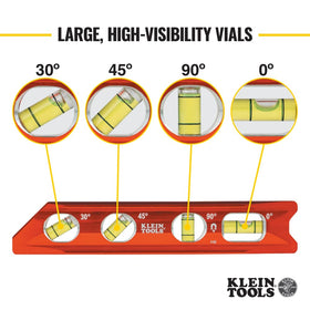 Klein Tools 935RB torpedo level’s high-visibility orange body on site.