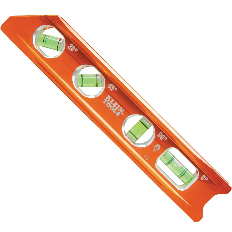 Klein Tools 935RB torpedo level with magnet track for secure leveling.