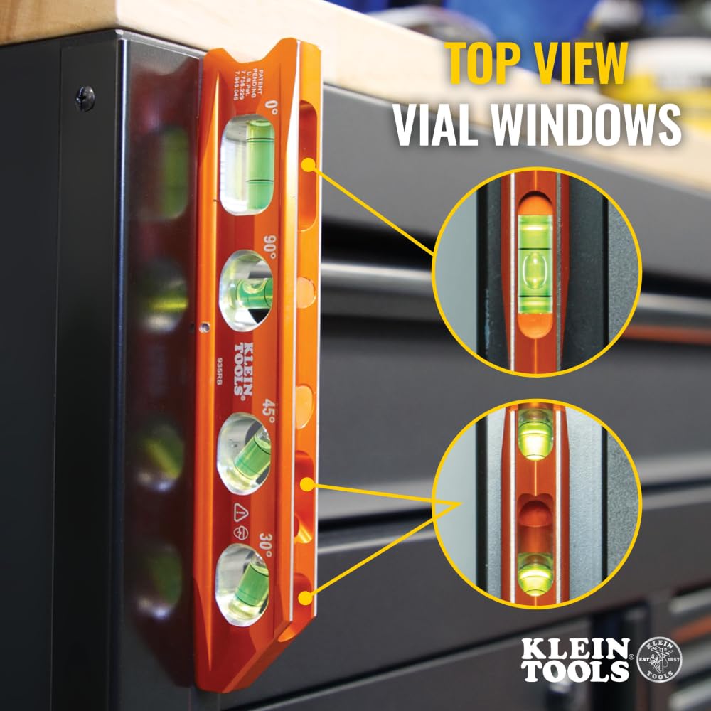 Klein Tools 935RB torpedo level V-groove fits round surfaces.