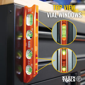 Klein Tools 935RB torpedo level V-groove fits round surfaces.