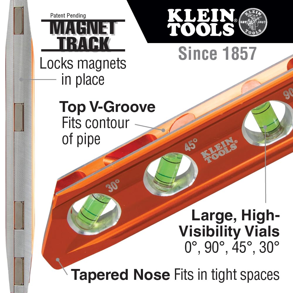 Klein Tools 935RB torpedo level with vial windows for easy angle readings.
