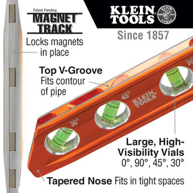 Klein Tools 935RB torpedo level with vial windows for easy angle readings.