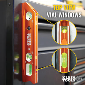 Klein Tools 935RBLT level shows 0 45 90 readings with clear top-view windows