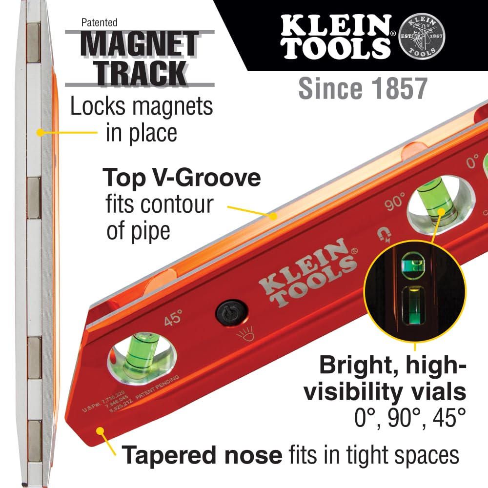 Klein Tools 935RBLT level with LED vials for easy readability in dim conditions