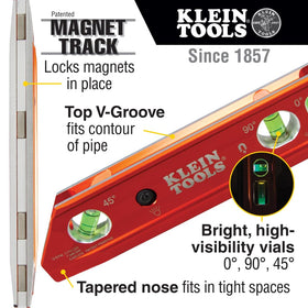 Klein Tools 935RBLT level with LED vials for easy readability in dim conditions