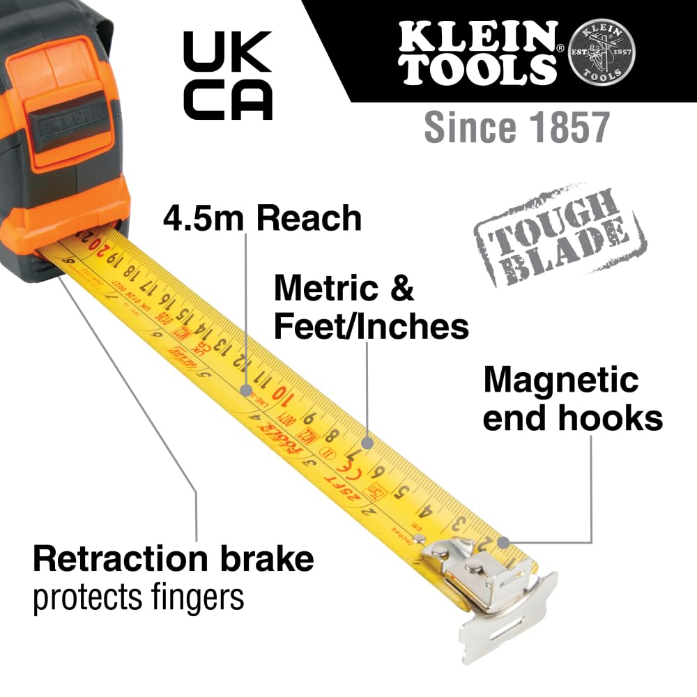 Klein Tools 9375 with magnetic double hook for quick measurements on metal surfaces.