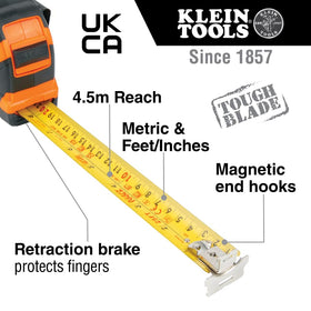 Klein Tools 9375 with magnetic double hook for quick measurements on metal surfaces.