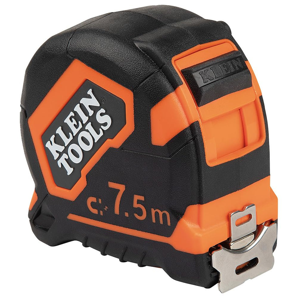 Klein Tools 9375 tape measure with metal belt clip for secure job-site carry.