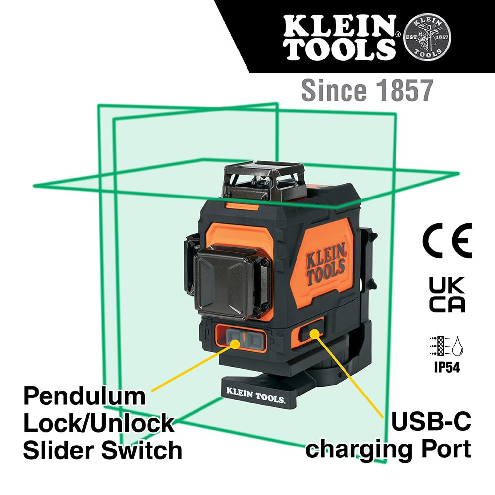Klein Tools 93PLL 360-degree green laser remains highly visible on site.