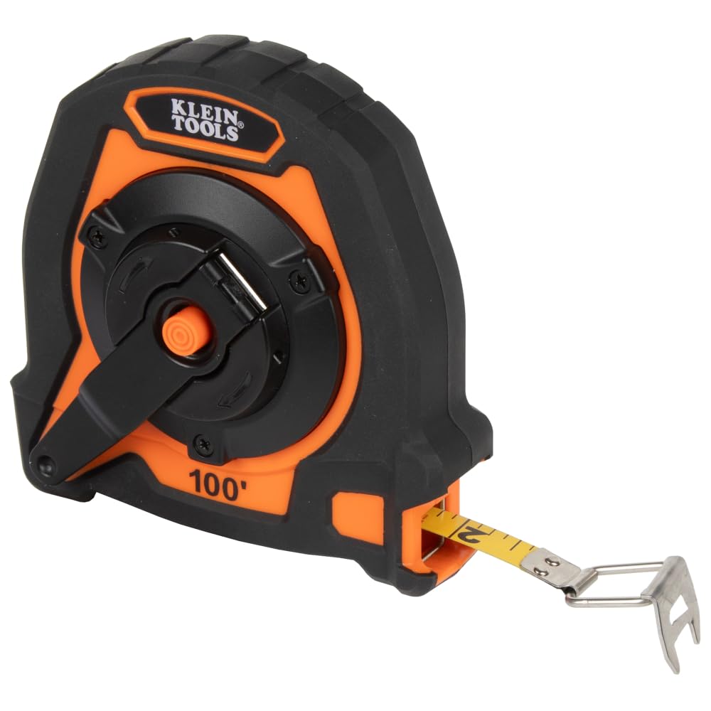 Klein Tools 94100CR closed reel tape measure showing 100-foot length for outdoor jobs.