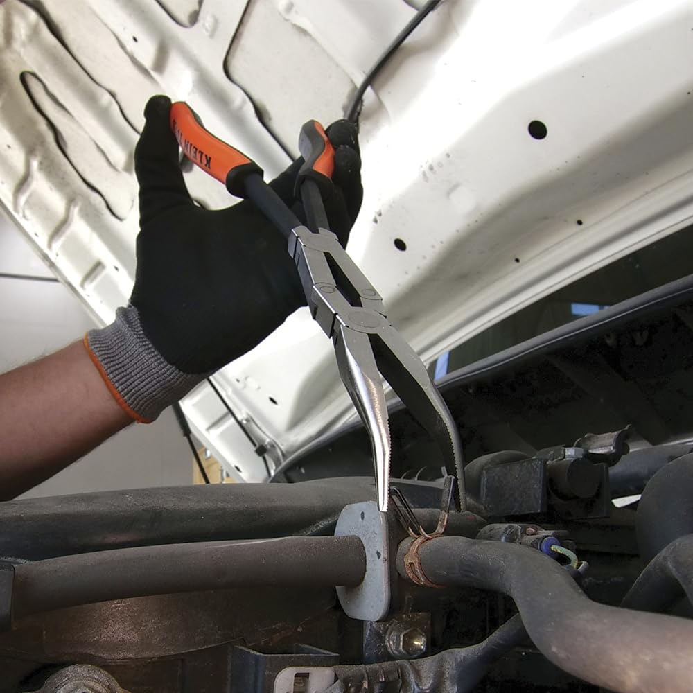 Klein Tools 71402 bent-nose pliers for precise handling in cramped spaces.